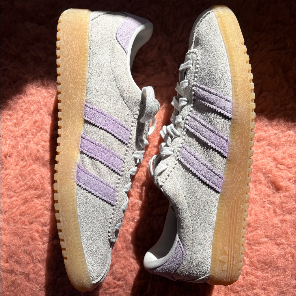 Adidas Women’s Suede Sneaker In Light Gray & Lavender With Gum Sole